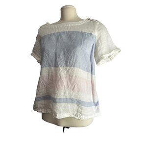 Vintage Linen 70's Blouse C & C California Sz Medium Womens White & Blue Striped